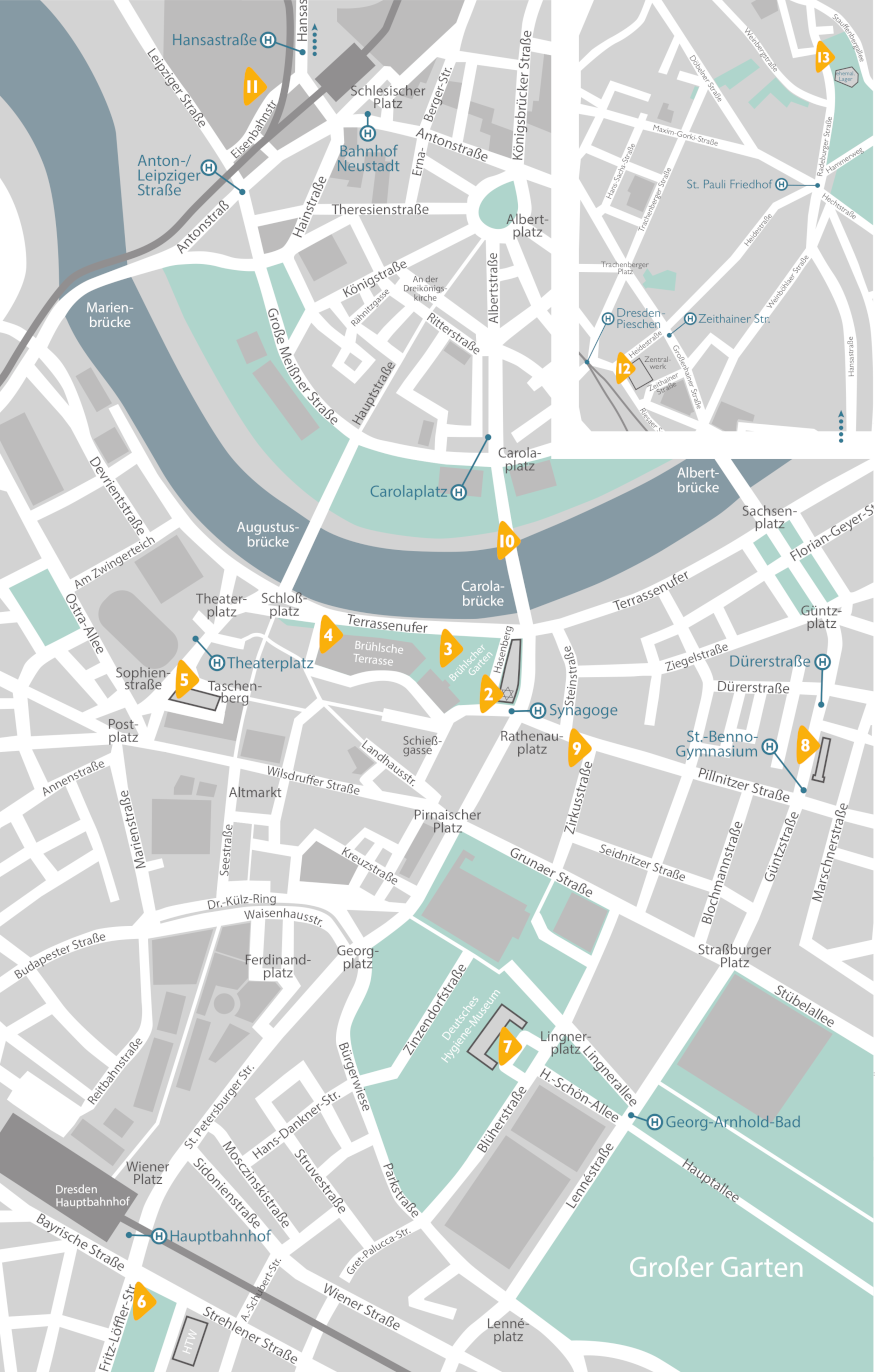 map of city center (main) and Pieschen (upper right) with audioscript stations